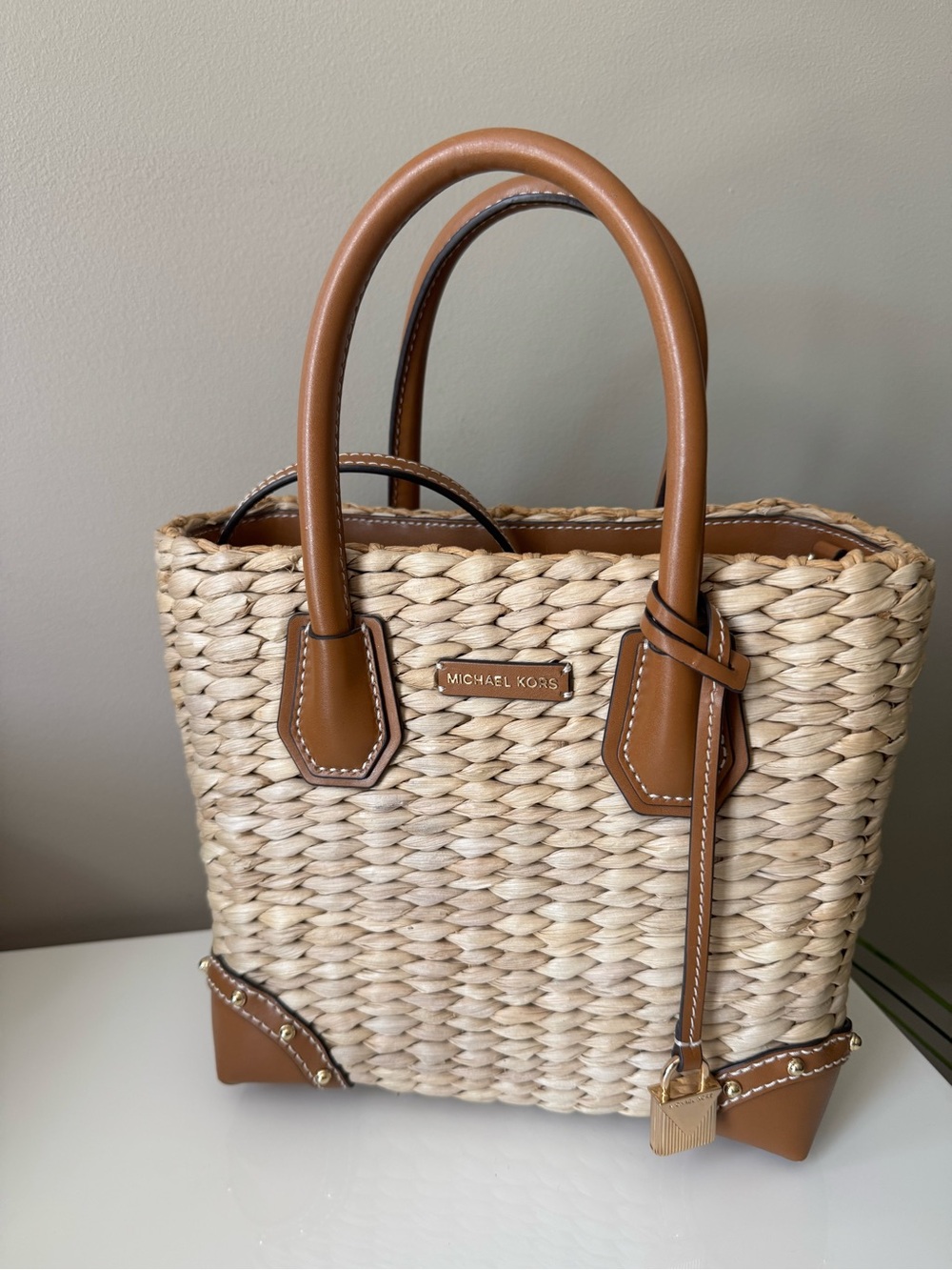 Michael Kors Natural Woven Tote with Tan Leather Trim